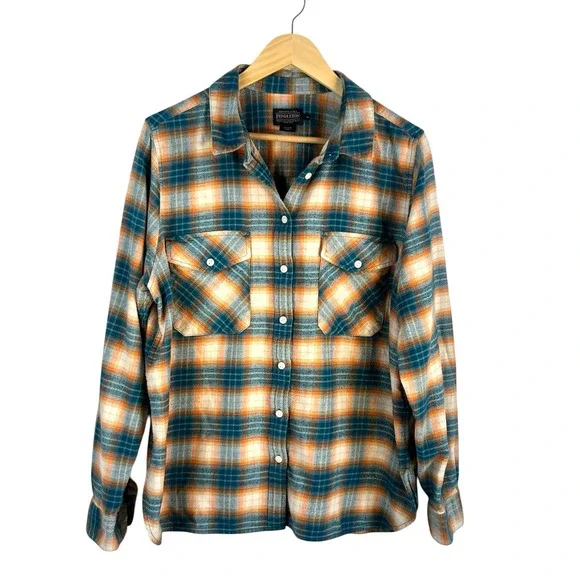 Pendleton Madison Double Brushed Flannel Blue Orange Button Shirt Womens Sz XL - Picture 6 of 6